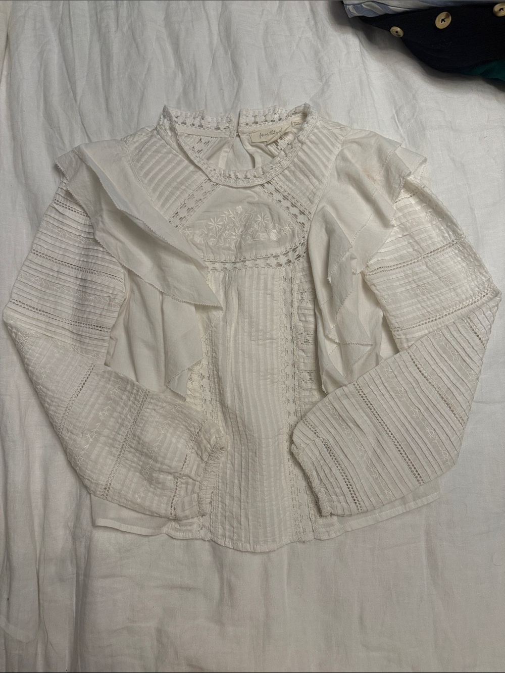 Anthropologie White Embroidered Ruffle Long Sleeve Blouse